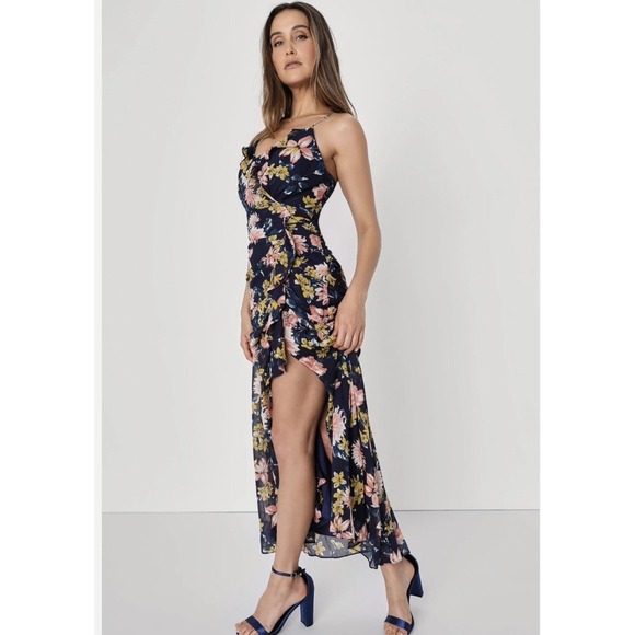 NWT Lulu's Stunning Soiree Navy Blue Floral Print Ruched Midi‎ Dress Lined Large - Picture 5 of 10